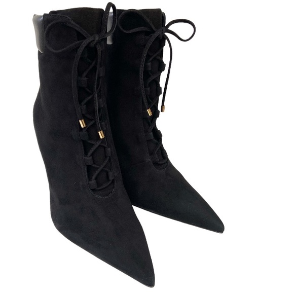 Good American Women's Scandal Lace Up High Heel Suede Booties in BLACK 6 New - Picture 7 of 14